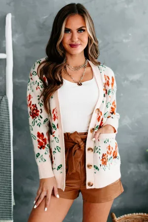 Elmira Floral Knit Button-Front Cardigan (Cream)