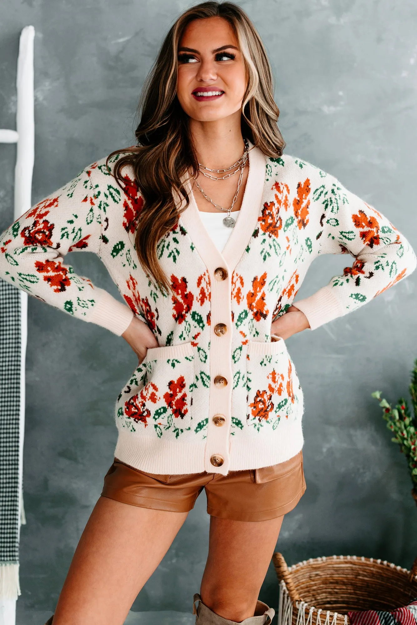 Elmira Floral Knit Button-Front Cardigan (Cream)