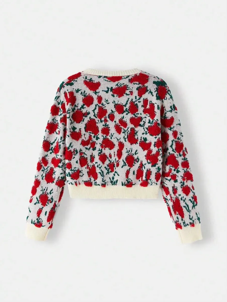 Esme Floral Pattern Knit Cardigan with Button Closure in Multicolor