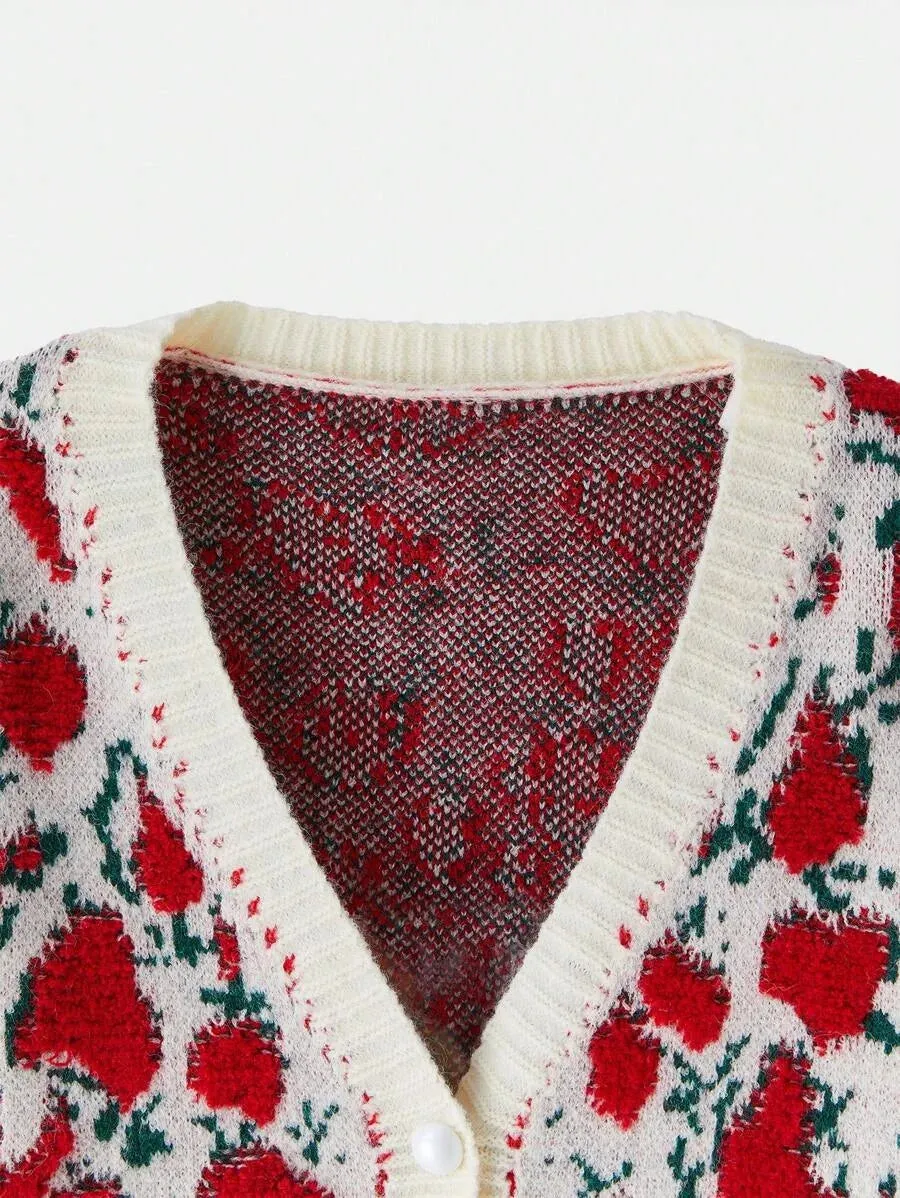 Esme Floral Pattern Knit Cardigan with Button Closure in Multicolor
