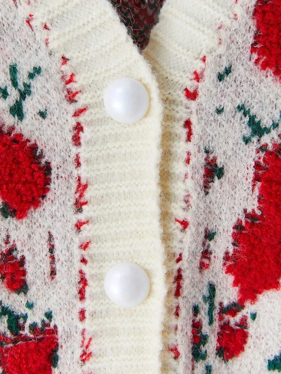 Esme Floral Pattern Knit Cardigan with Button Closure in Multicolor