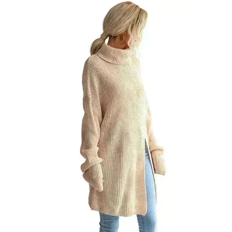 Fashion Split Turtleneck fleece Sweater Tunic Top