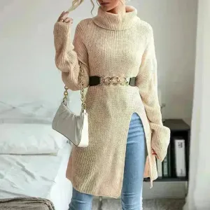 Fashion Split Turtleneck fleece Sweater Tunic Top
