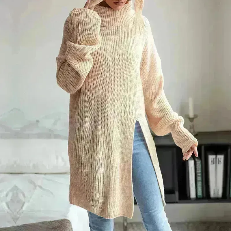 Fashion Split Turtleneck fleece Sweater Tunic Top