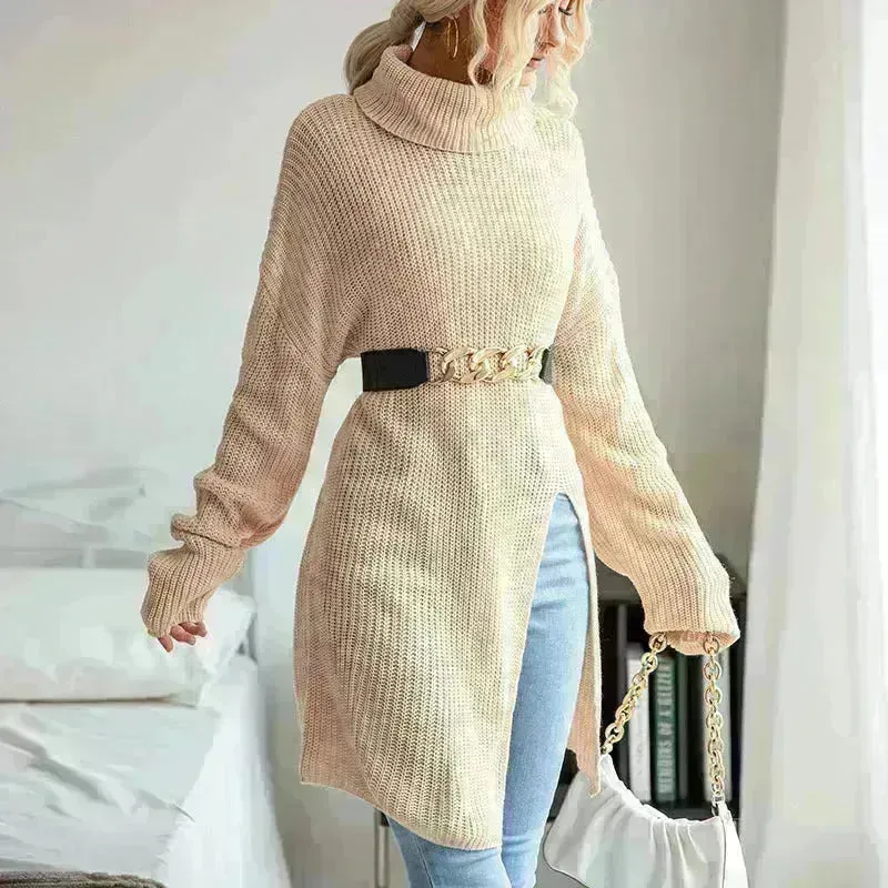 Fashion Split Turtleneck fleece Sweater Tunic Top