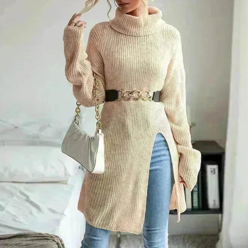 Fashion Split Turtleneck fleece Sweater Tunic Top