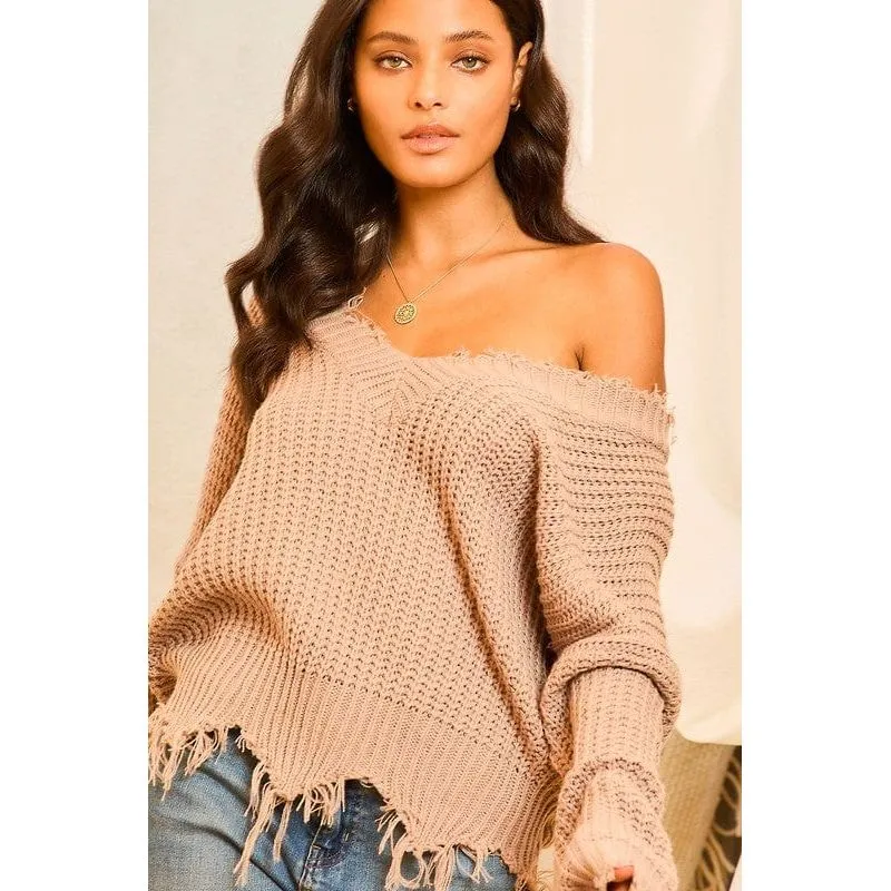Frayed v neck sweater