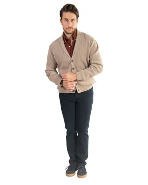 Gagliardi Beige Fisherman's Rib Wool Blend Shawl Collar Cardigan