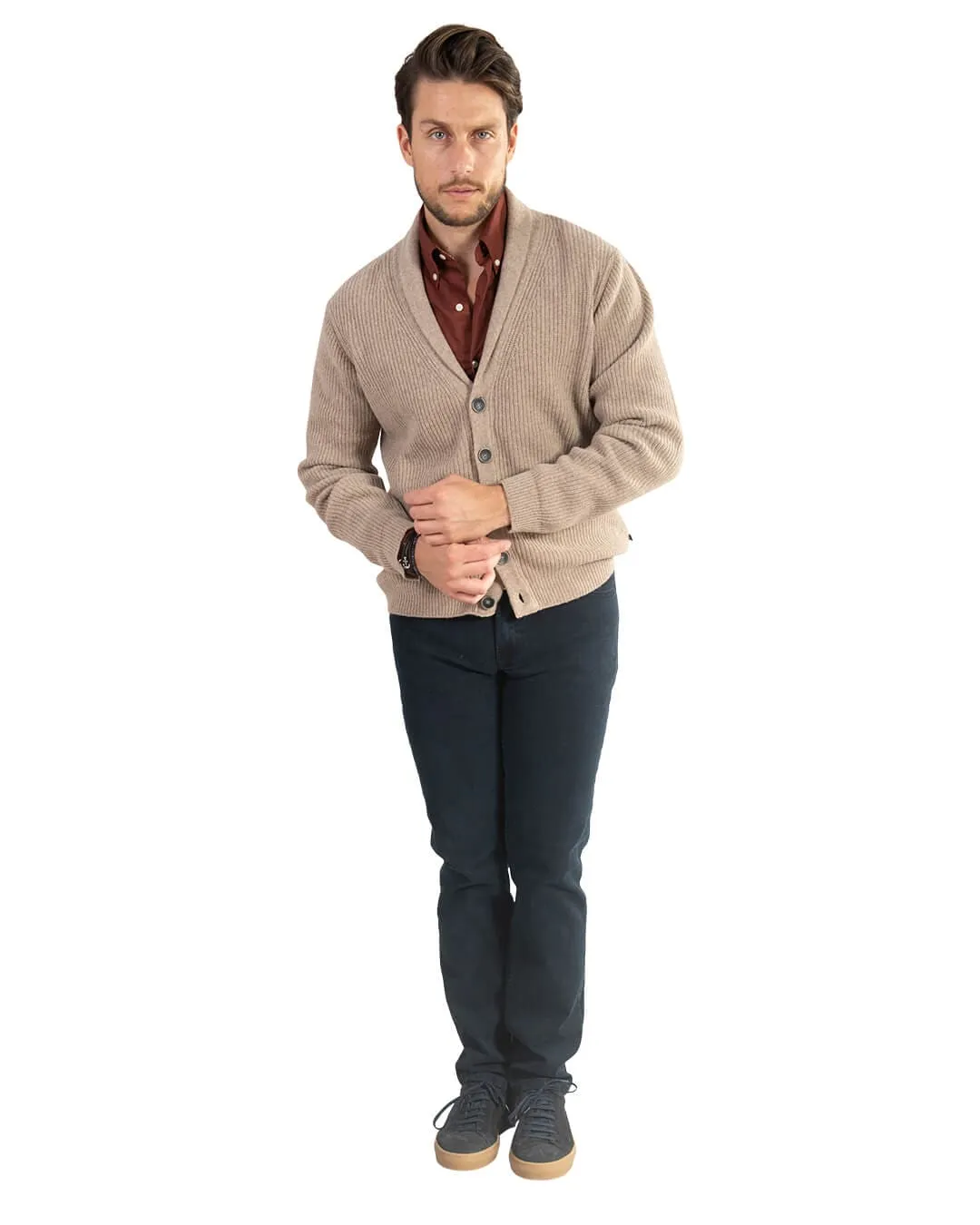 Gagliardi Beige Fisherman's Rib Wool Blend Shawl Collar Cardigan