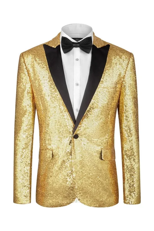 Gold Sequins Peaked Lapel Two Piece Prom Suits for Men One Button Wedding Groom Suits