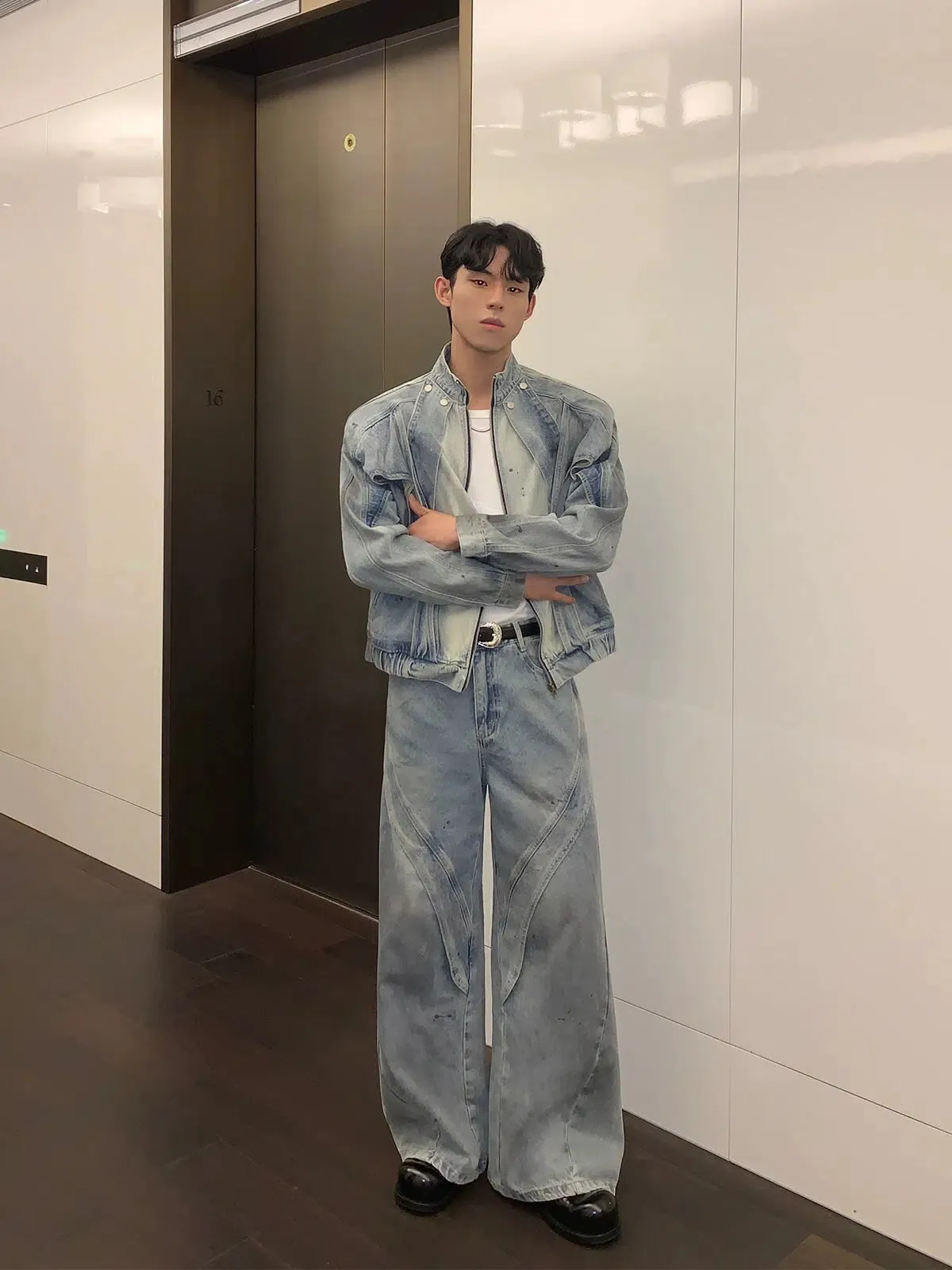 Gradient Stand Collar Jacket Jeans Set