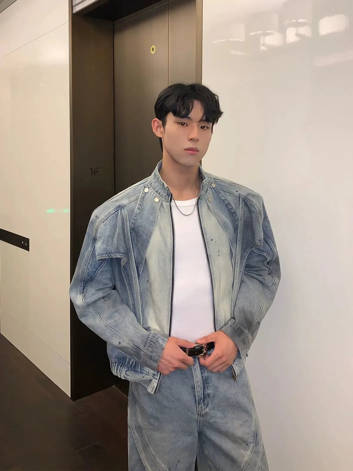 Gradient Stand Collar Jacket Jeans Set