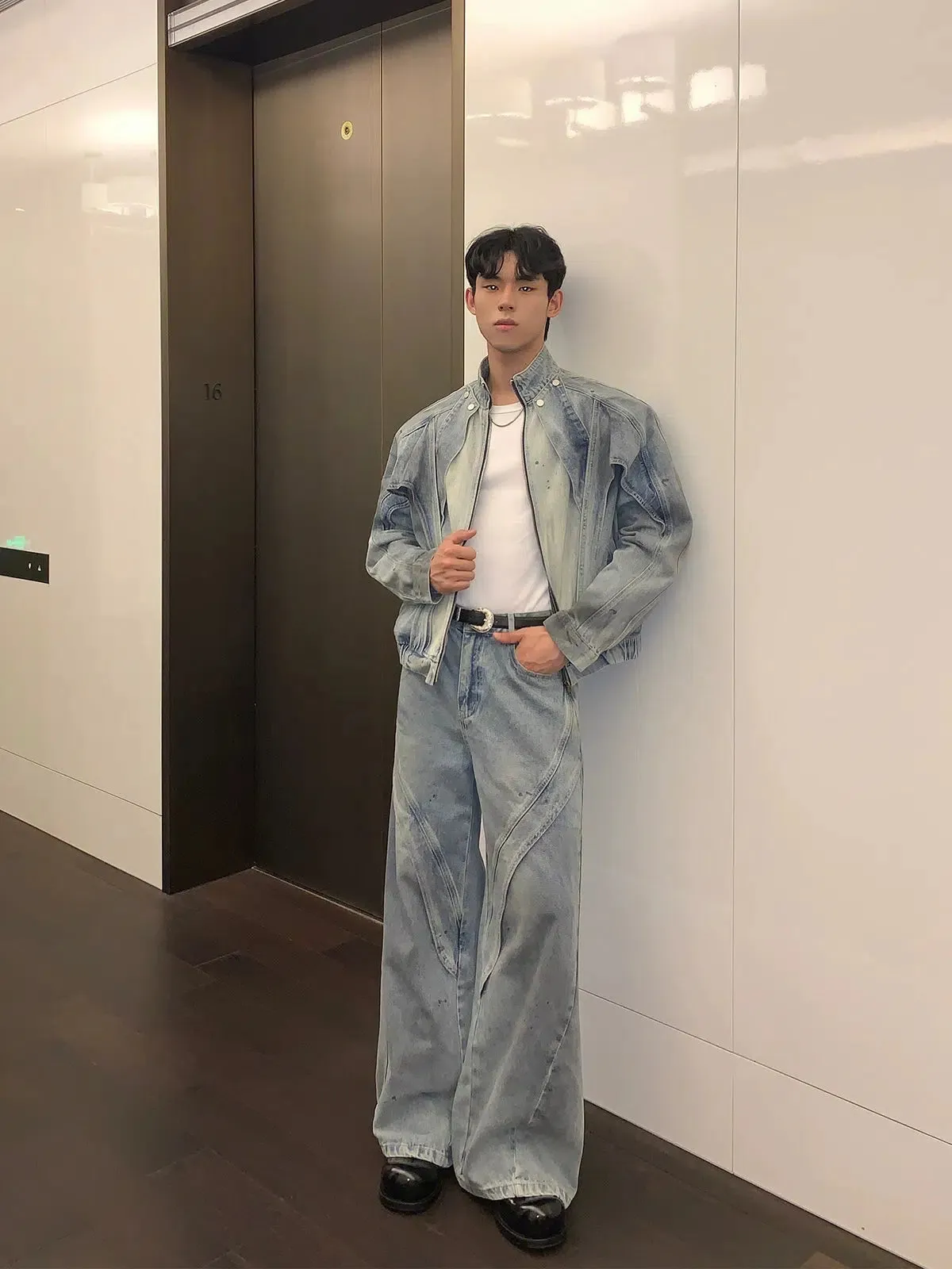 Gradient Stand Collar Jacket Jeans Set