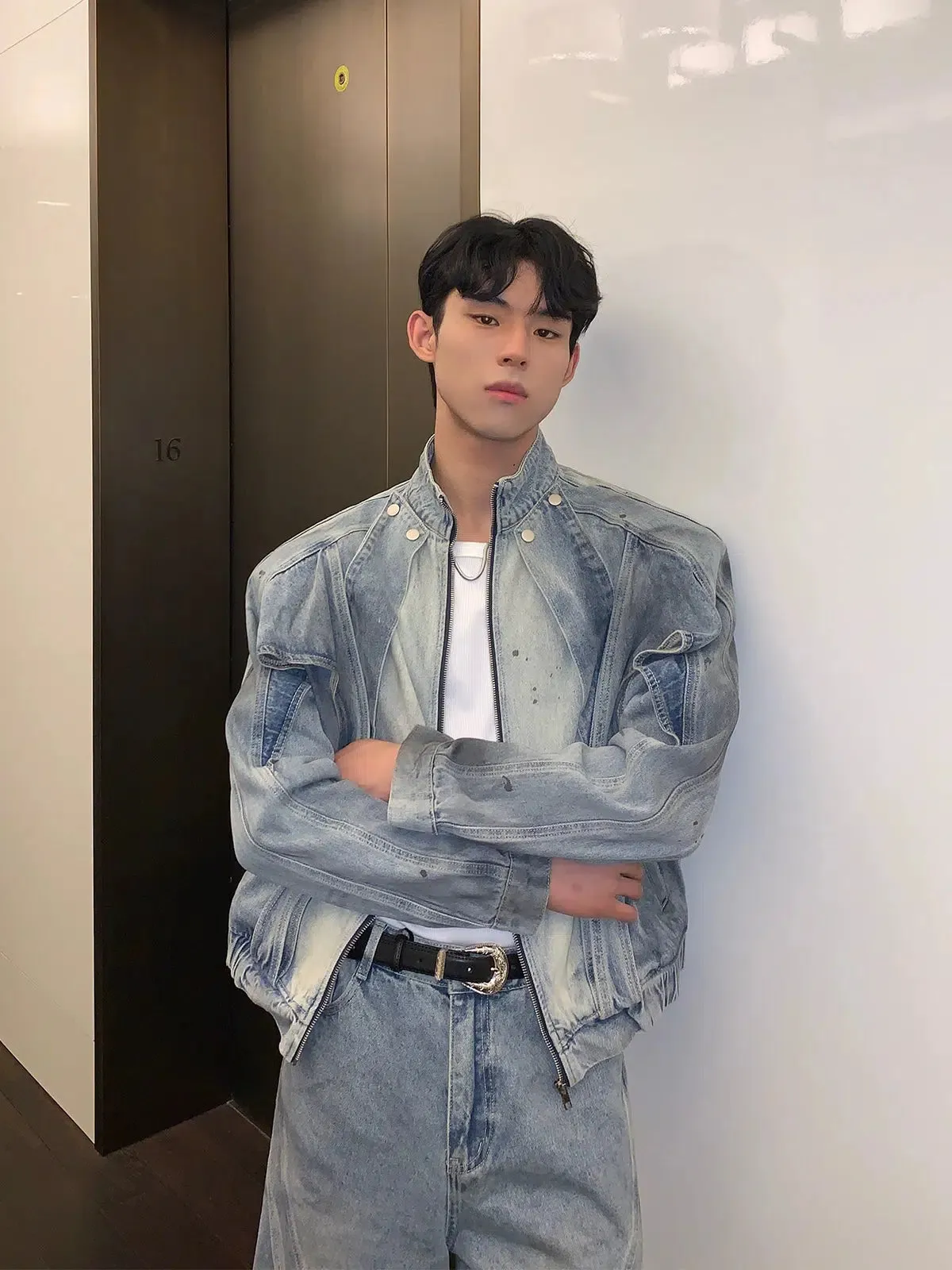 Gradient Stand Collar Jacket Jeans Set