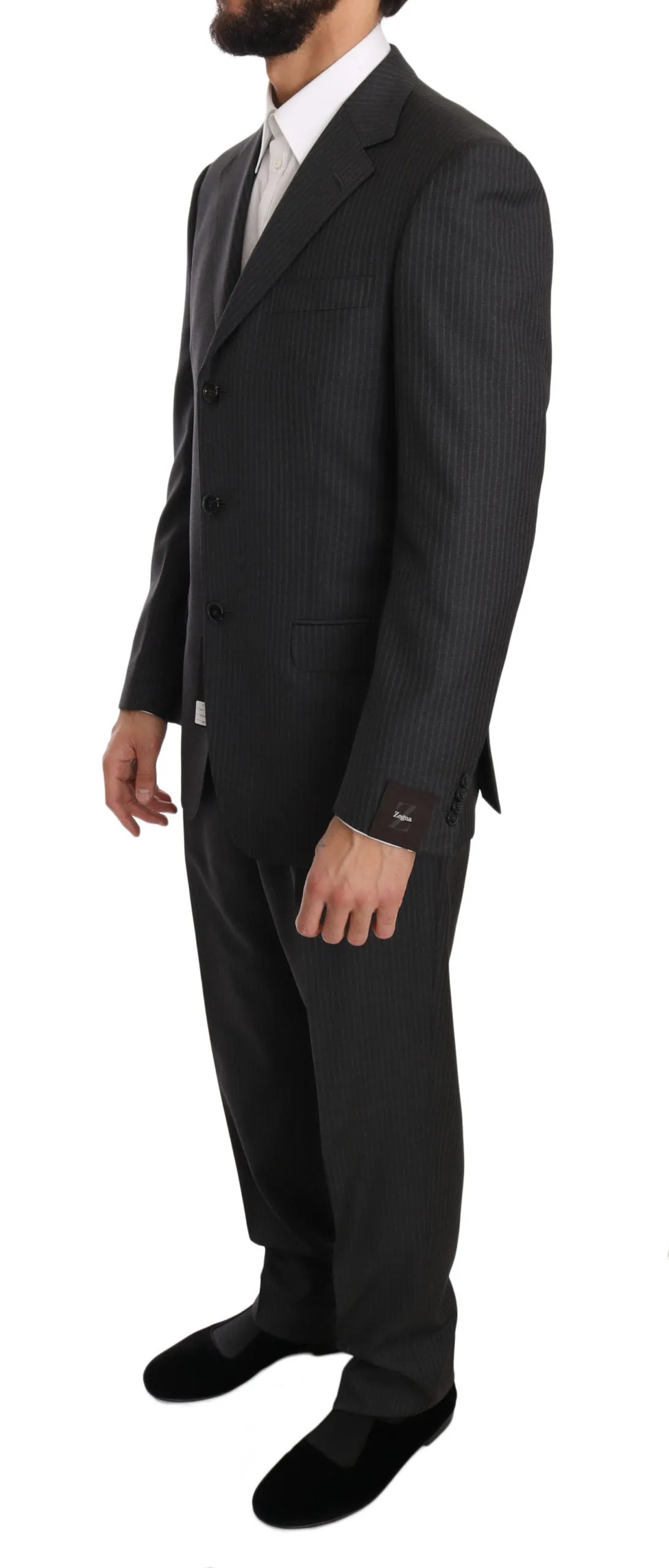 Gray Two Piece 3 Button Wool Striped Suit