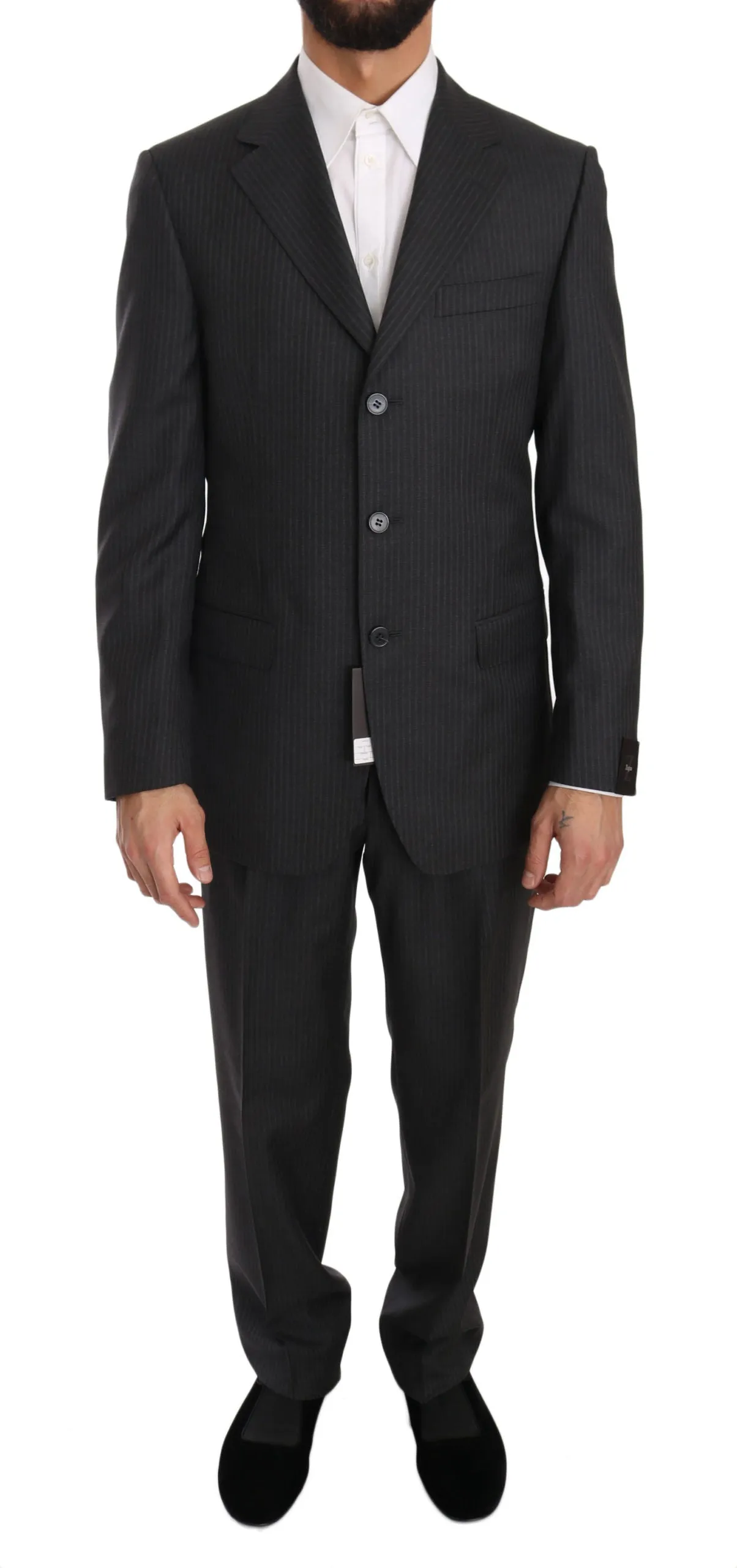 Gray Two Piece 3 Button Wool Striped Suit