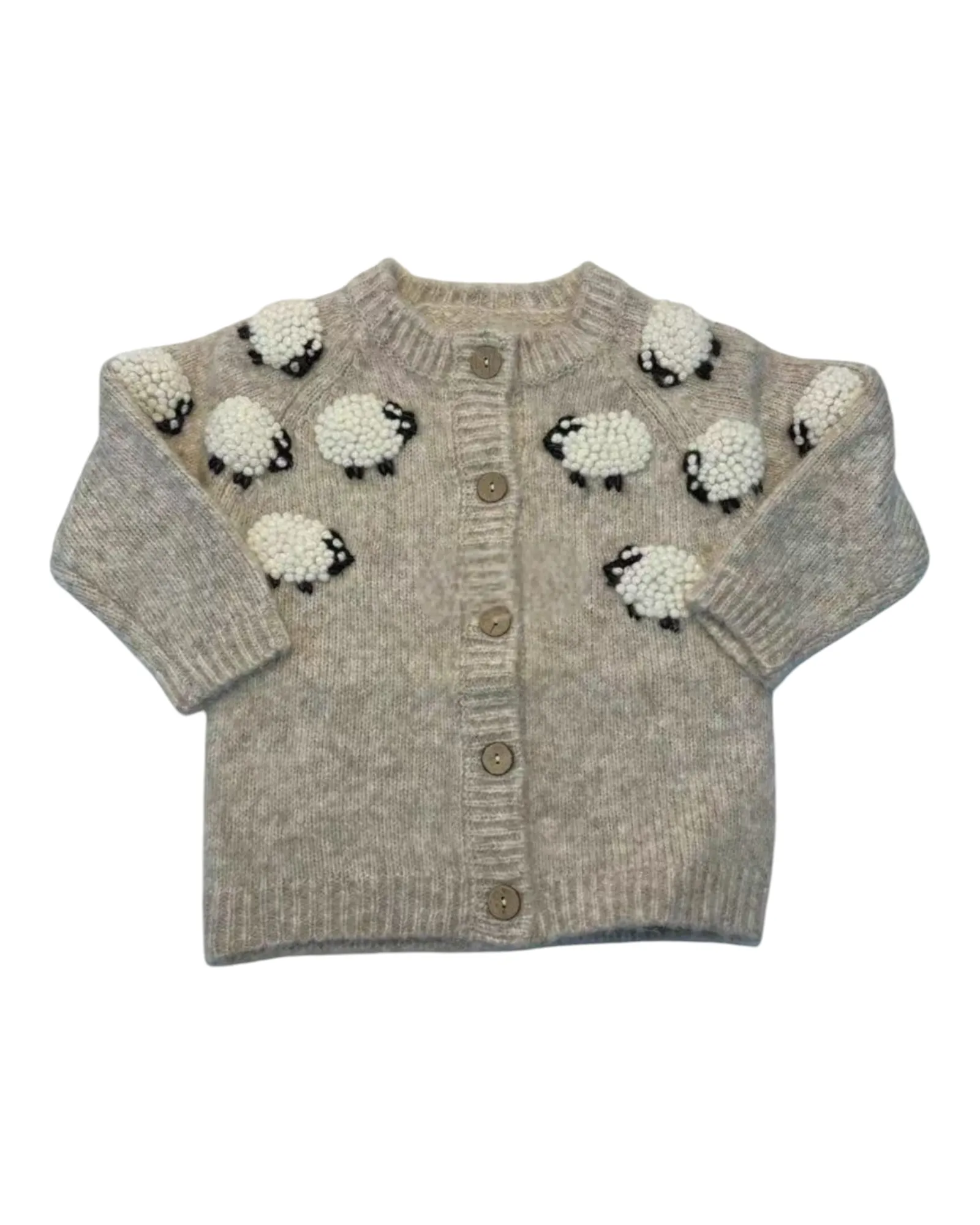 Grey Button-Up Woollen Cardigan with Sheep Pattern
