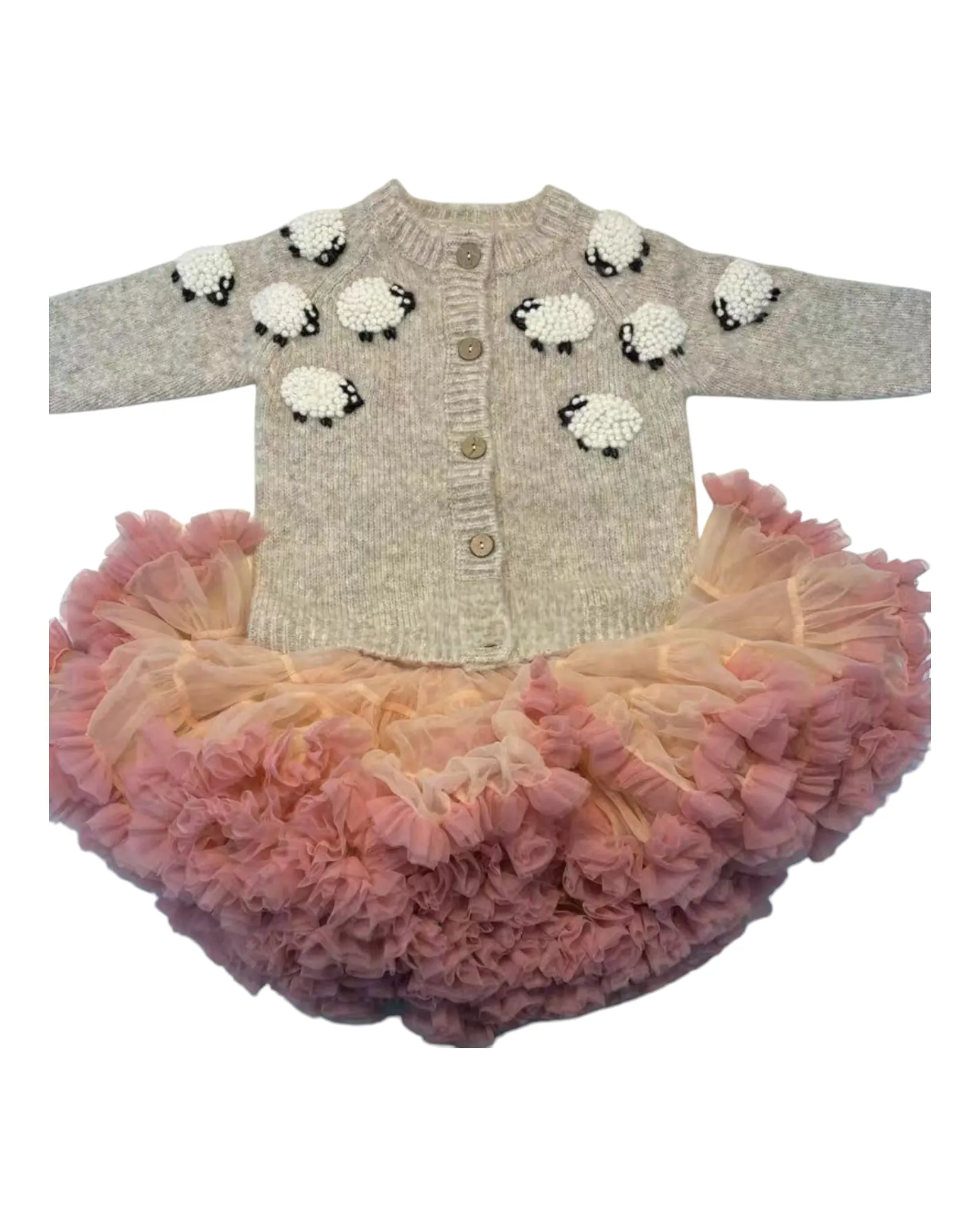 Grey Button-Up Woollen Cardigan with Sheep Pattern