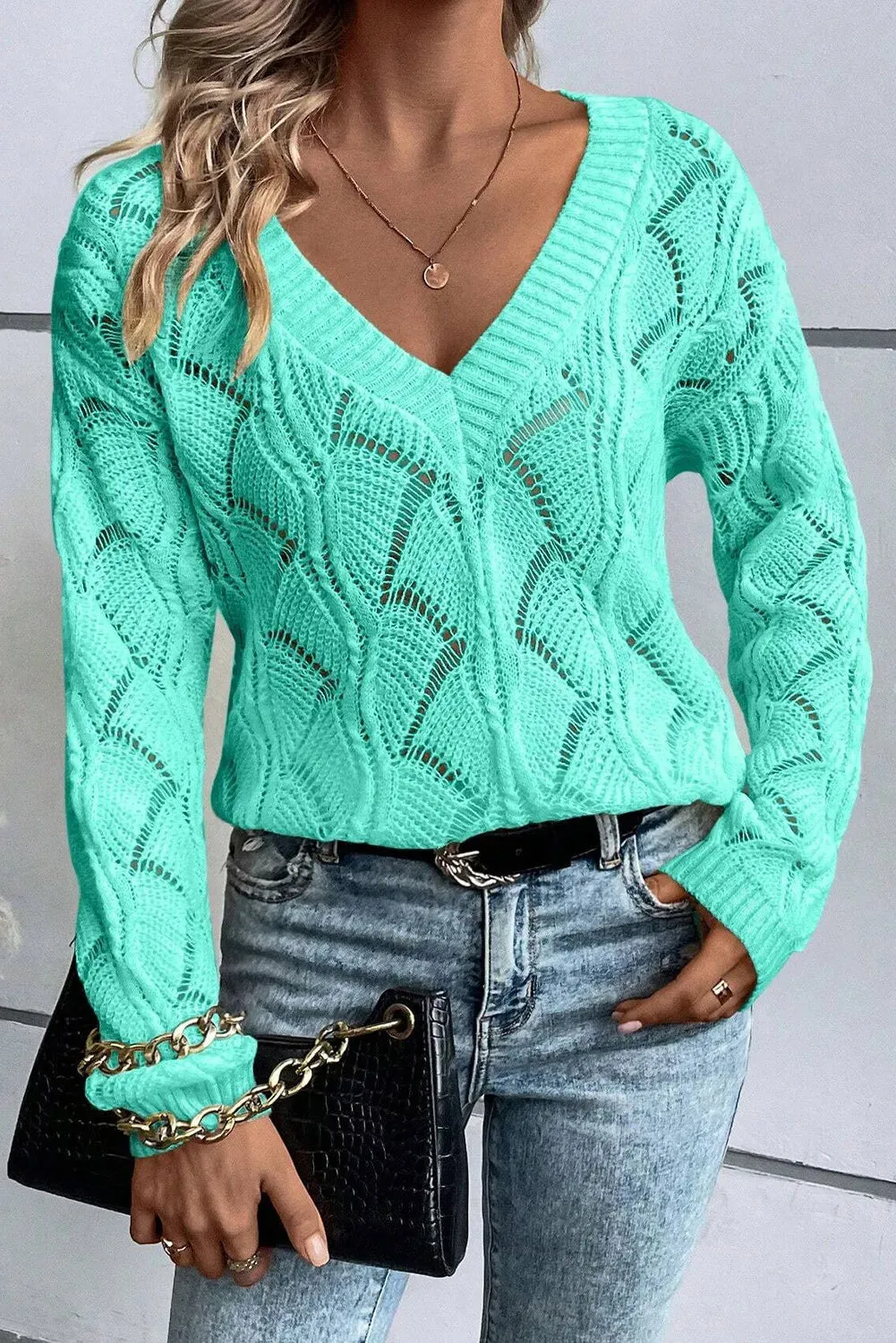 Hazel Blues® |  Openwork V-Neck Long Sleeve Sweater