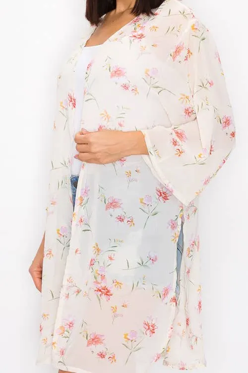 Ivory Combo Floral Side Slit Cardigan
