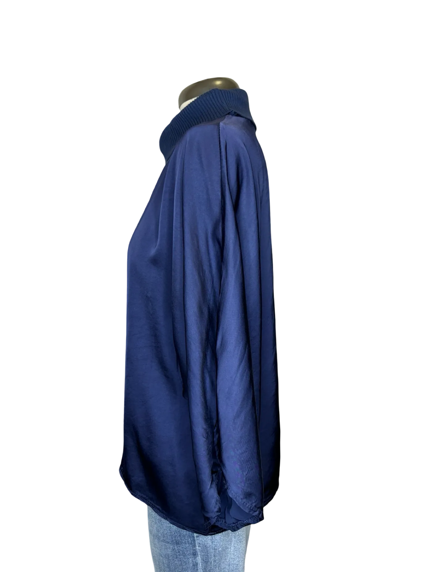 Jonah Satin Batwing Top with Ribbed Neck Navy