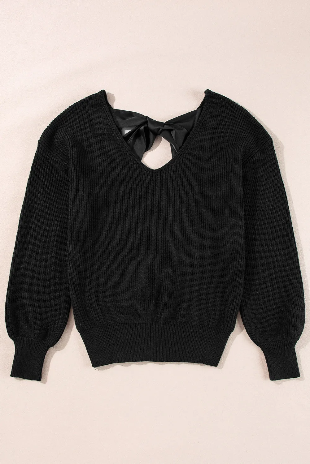 KaleaBoutique Lantern Sleeve V Neck Knot Back Sweater