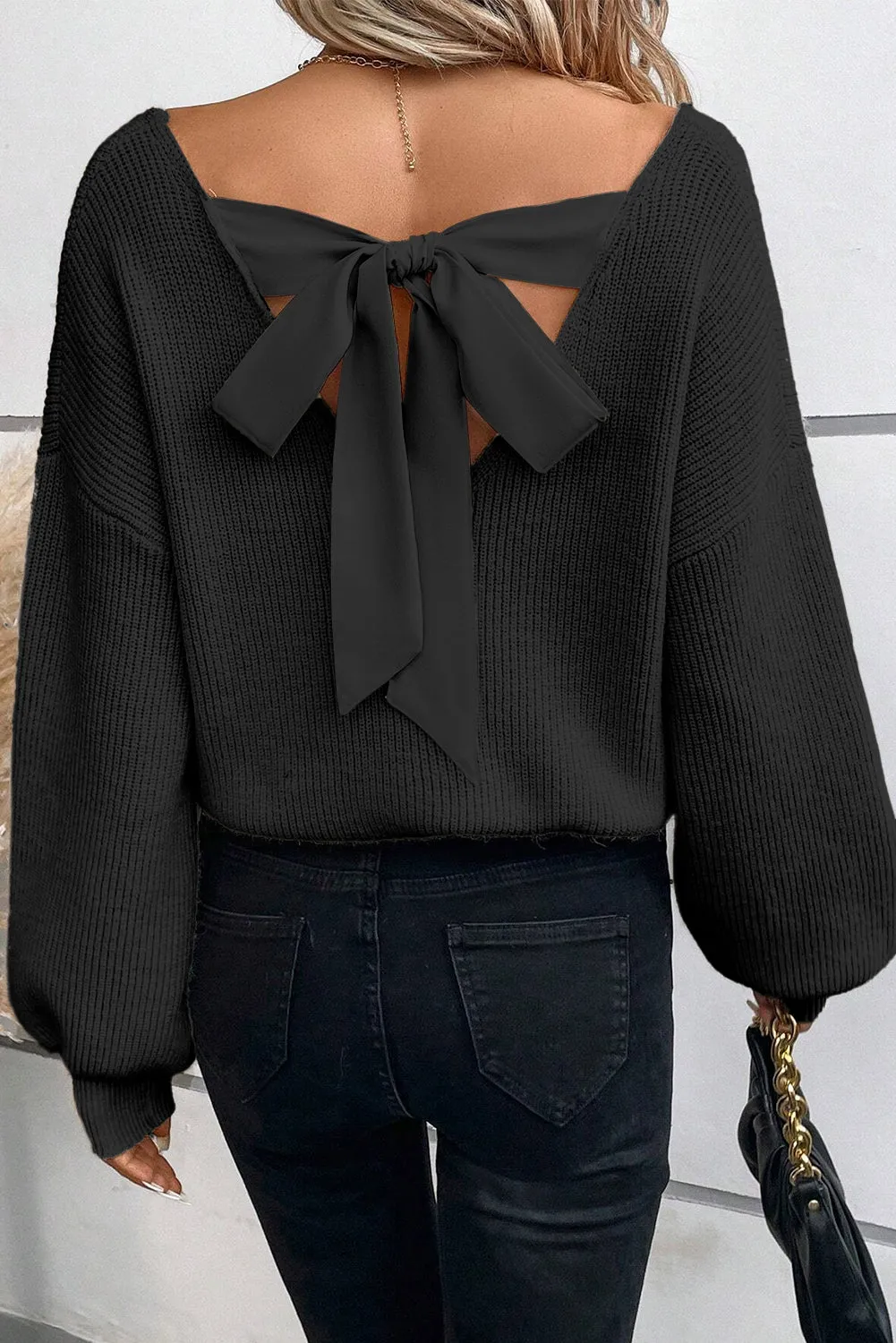 KaleaBoutique Lantern Sleeve V Neck Knot Back Sweater