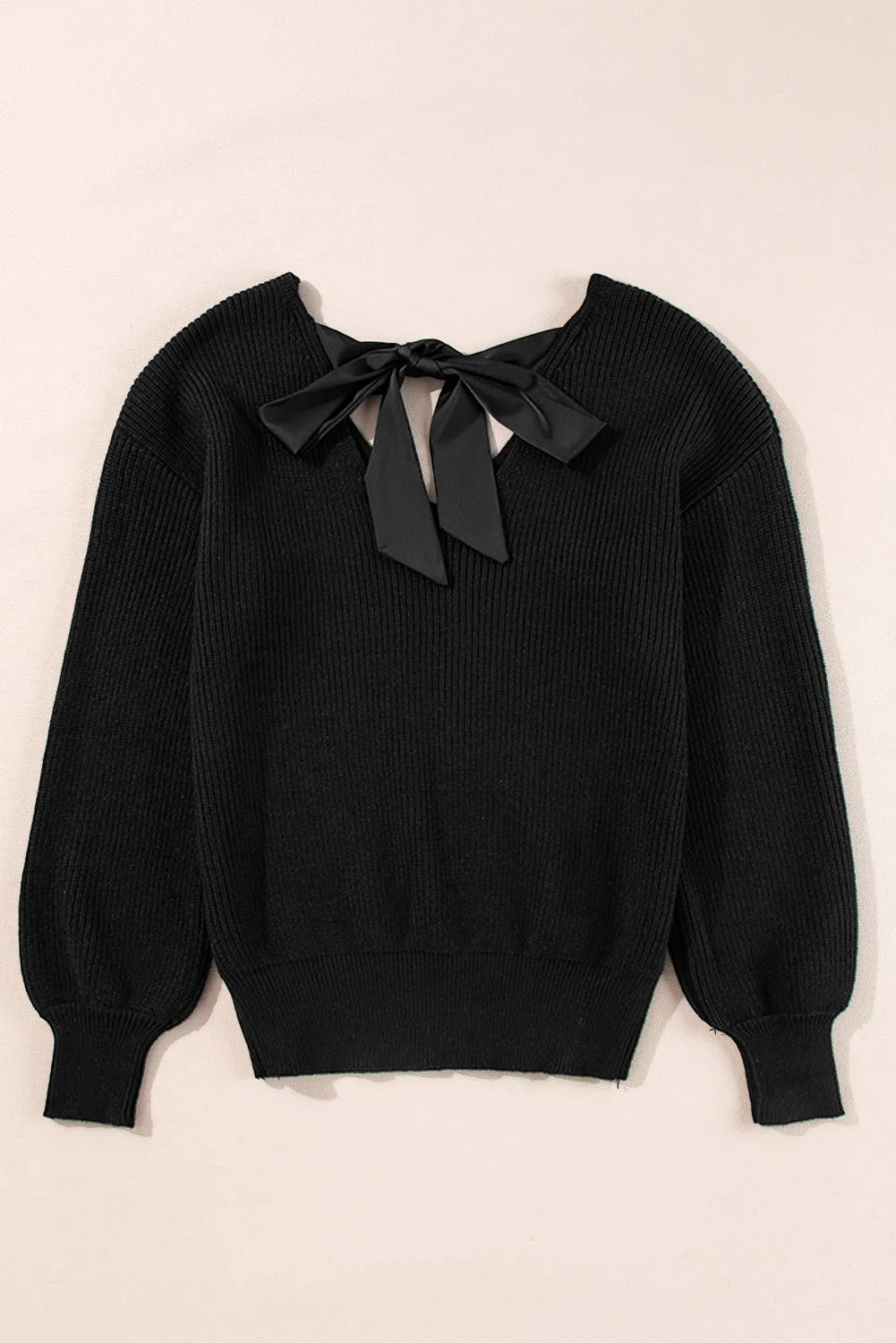 KaleaBoutique Lantern Sleeve V Neck Knot Back Sweater