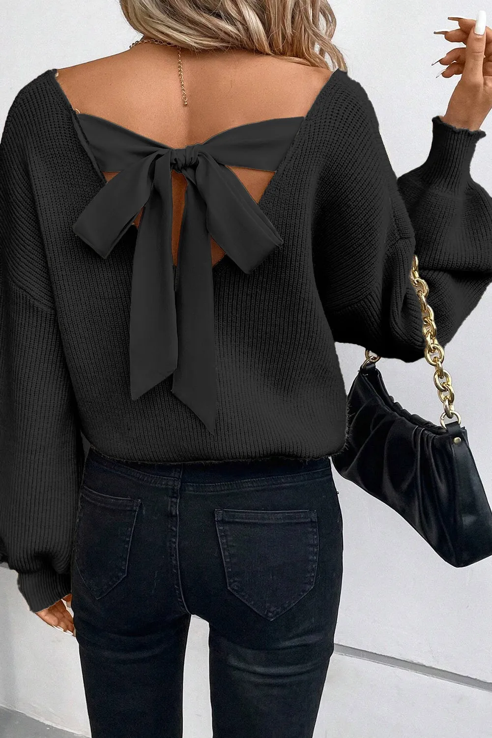 KaleaBoutique Lantern Sleeve V Neck Knot Back Sweater