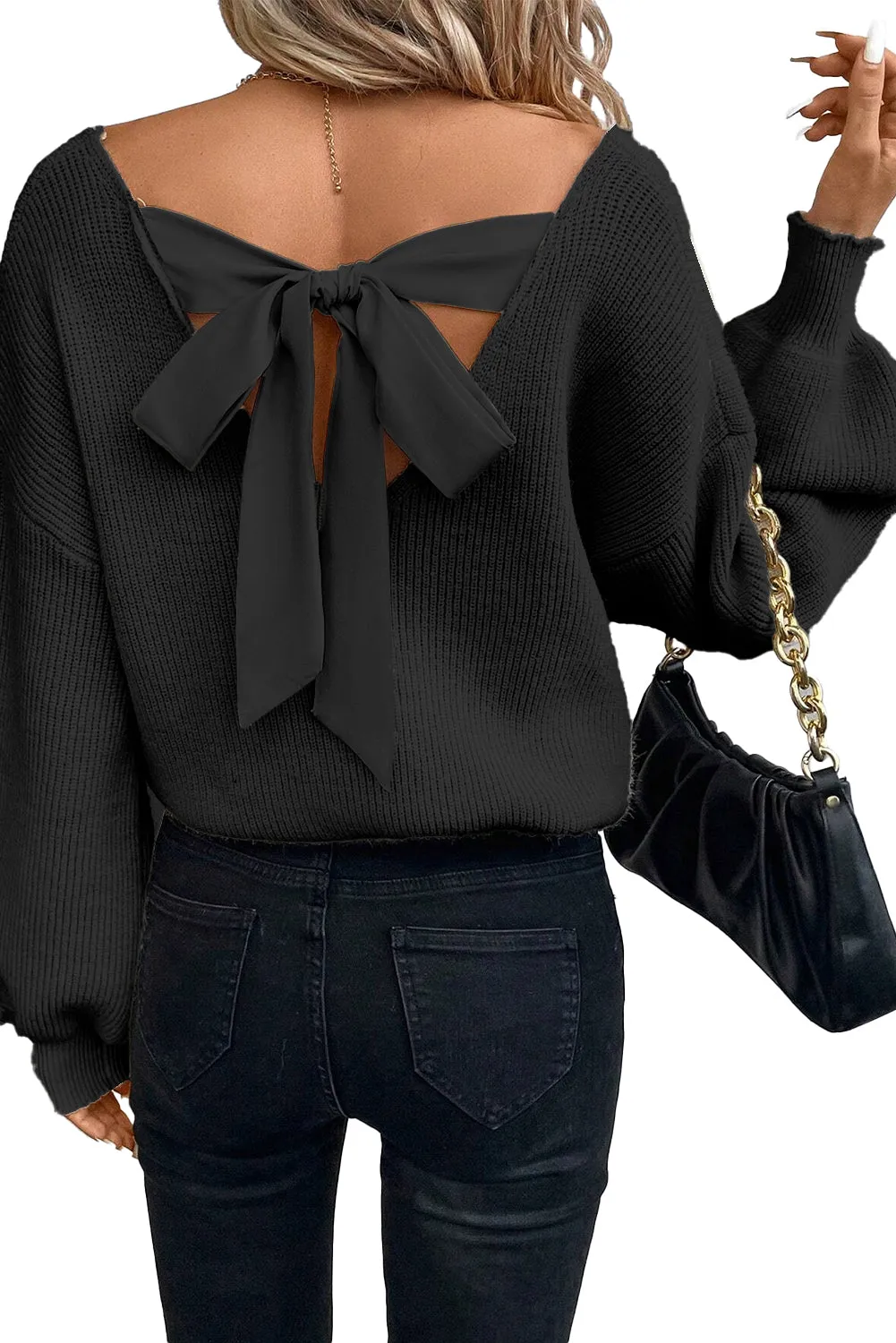 KaleaBoutique Lantern Sleeve V Neck Knot Back Sweater