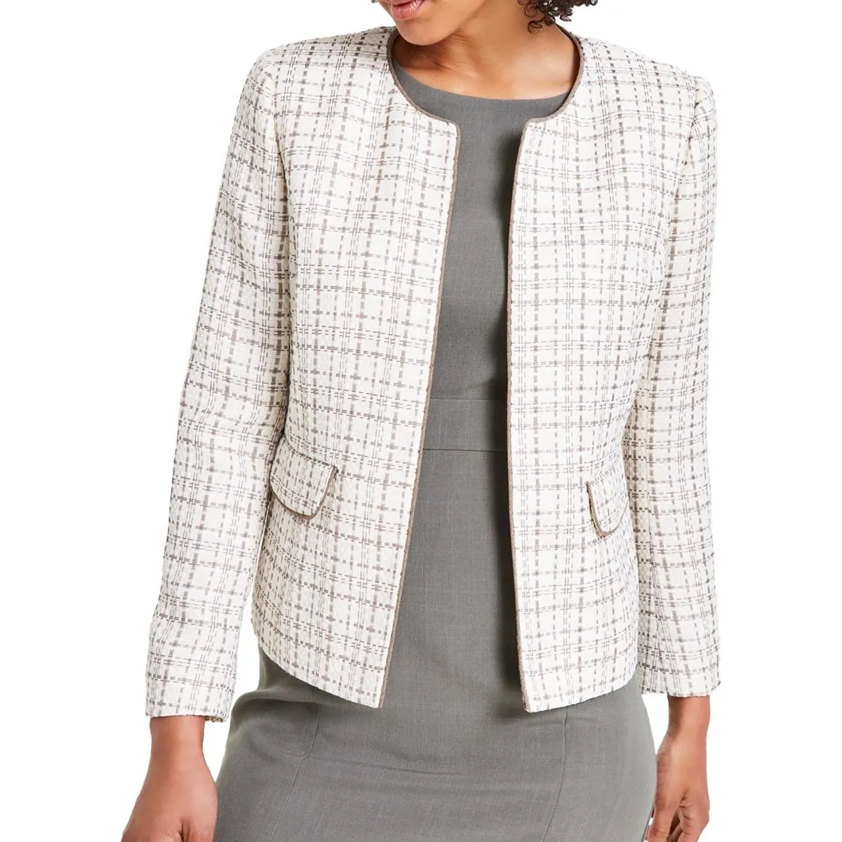 Kasper Womens Woven Tweed Open-Front Blazer