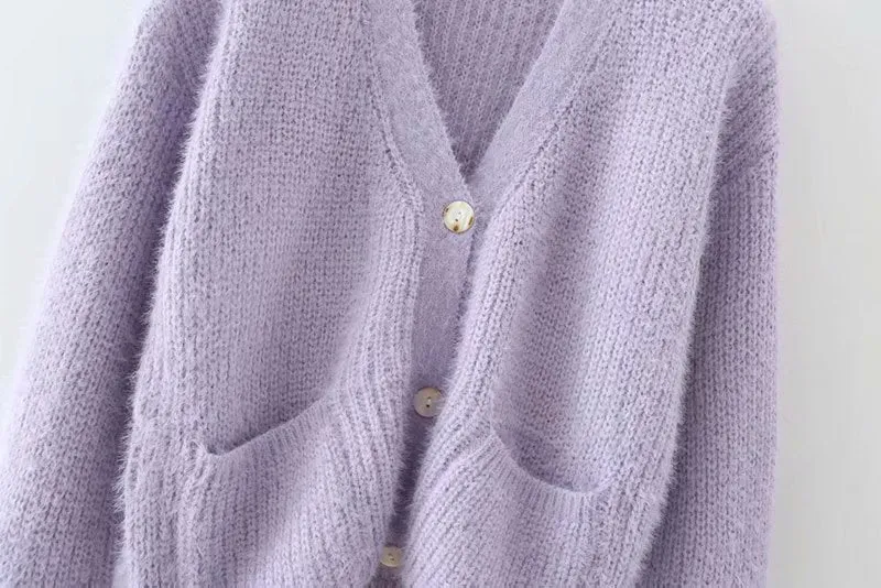 Knit V-neck Single-breasted Lantern Sleeve Cardigans
