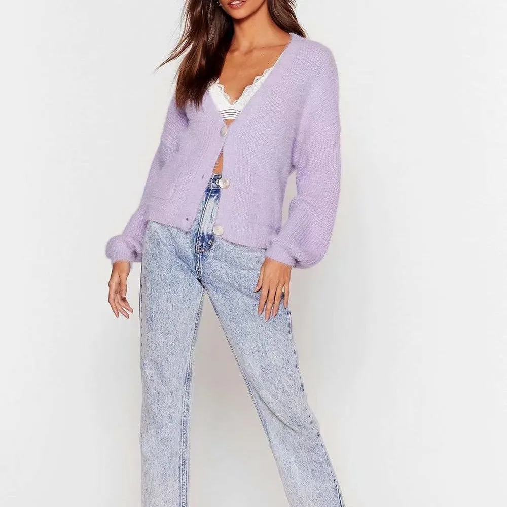Knit V-neck Single-breasted Lantern Sleeve Cardigans