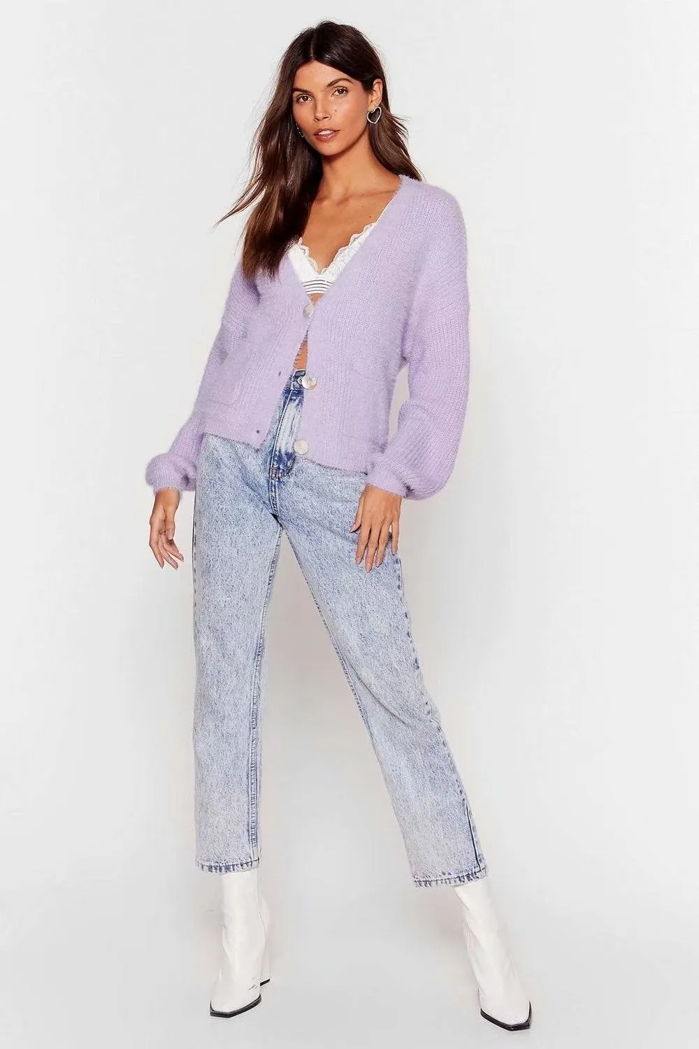 Knit V-neck Single-breasted Lantern Sleeve Cardigans