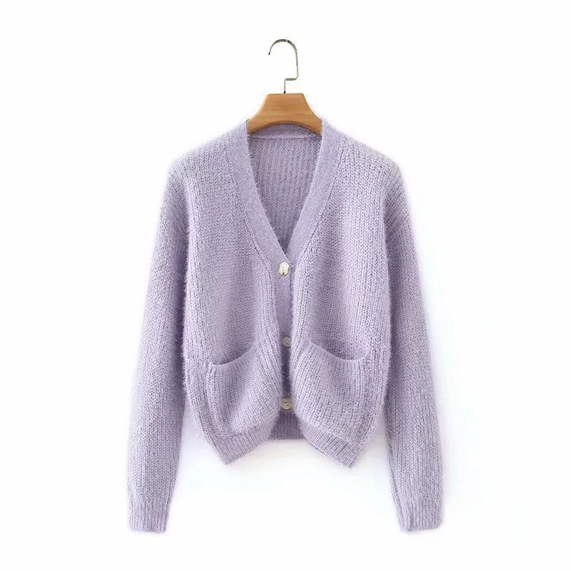 Knit V-neck Single-breasted Lantern Sleeve Cardigans