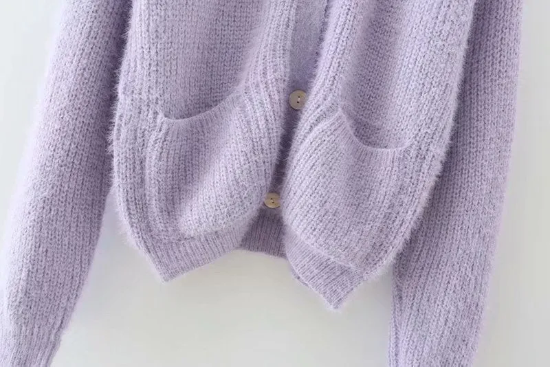 Knit V-neck Single-breasted Lantern Sleeve Cardigans