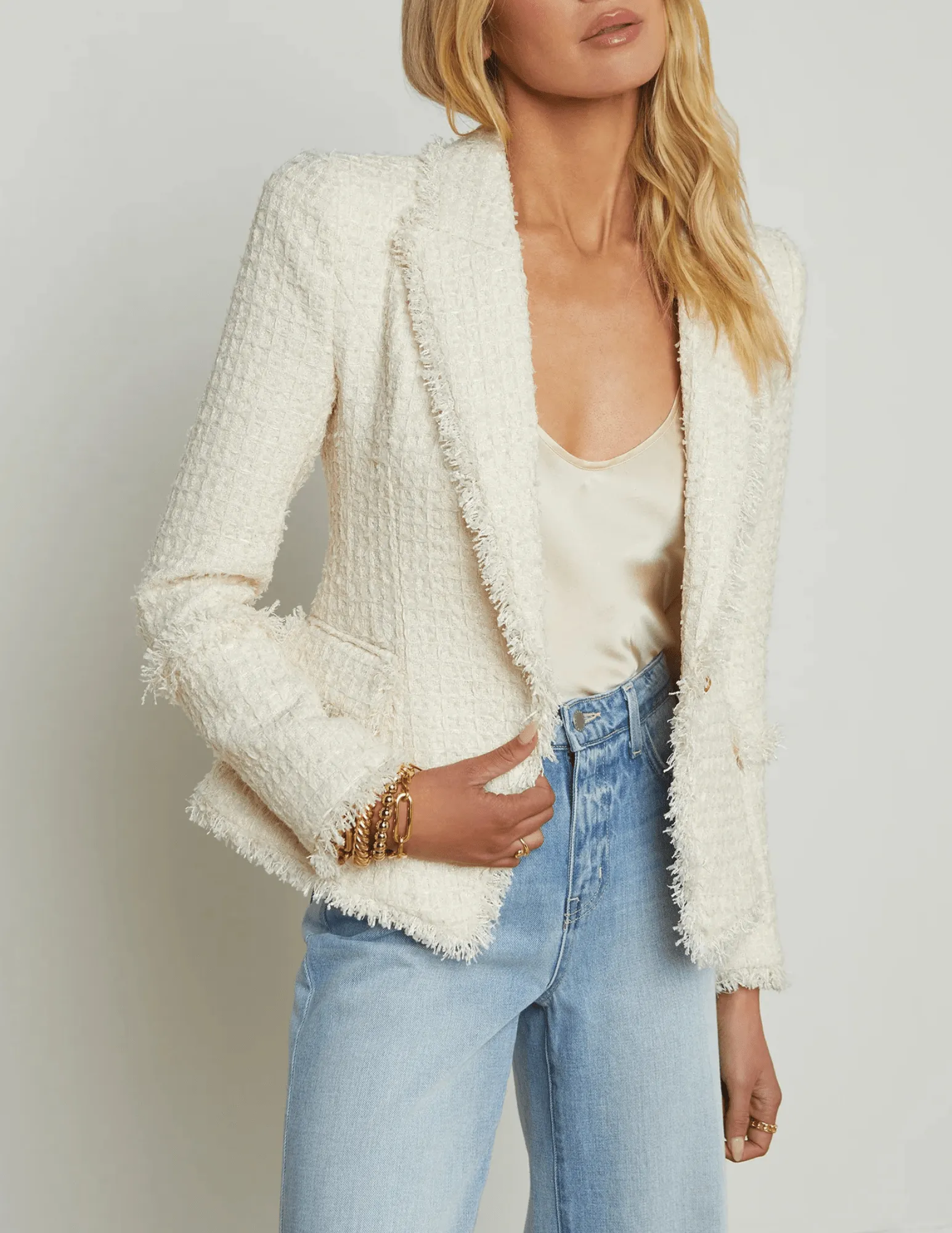 L'Agence Kaisley Frayed Hem Tweed Blazer