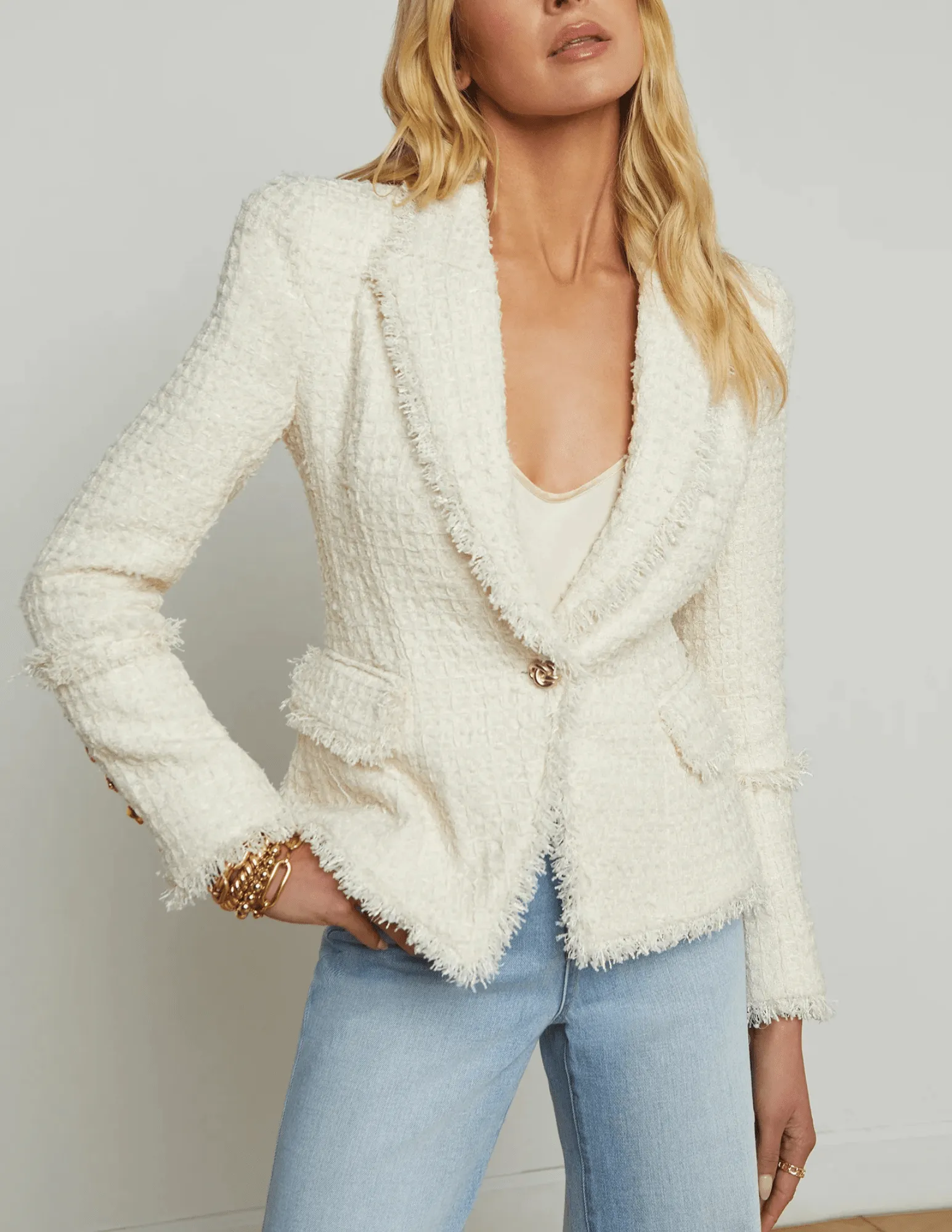 L'Agence Kaisley Frayed Hem Tweed Blazer