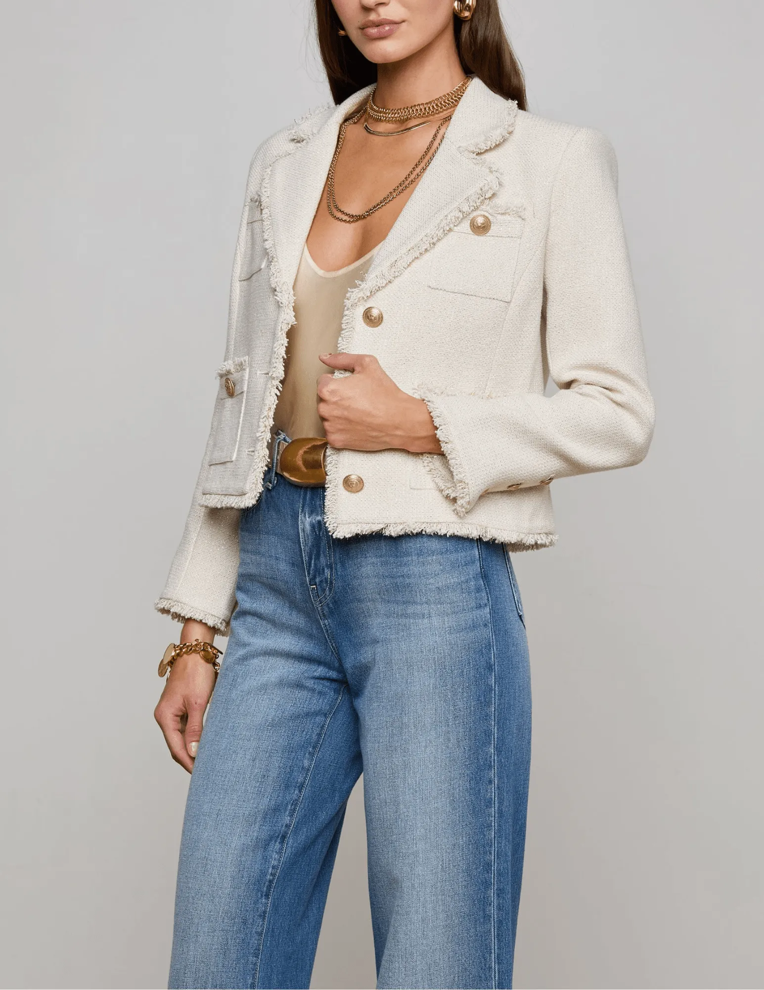L'Agence Sylvia Collared Fringe Hem Jacket