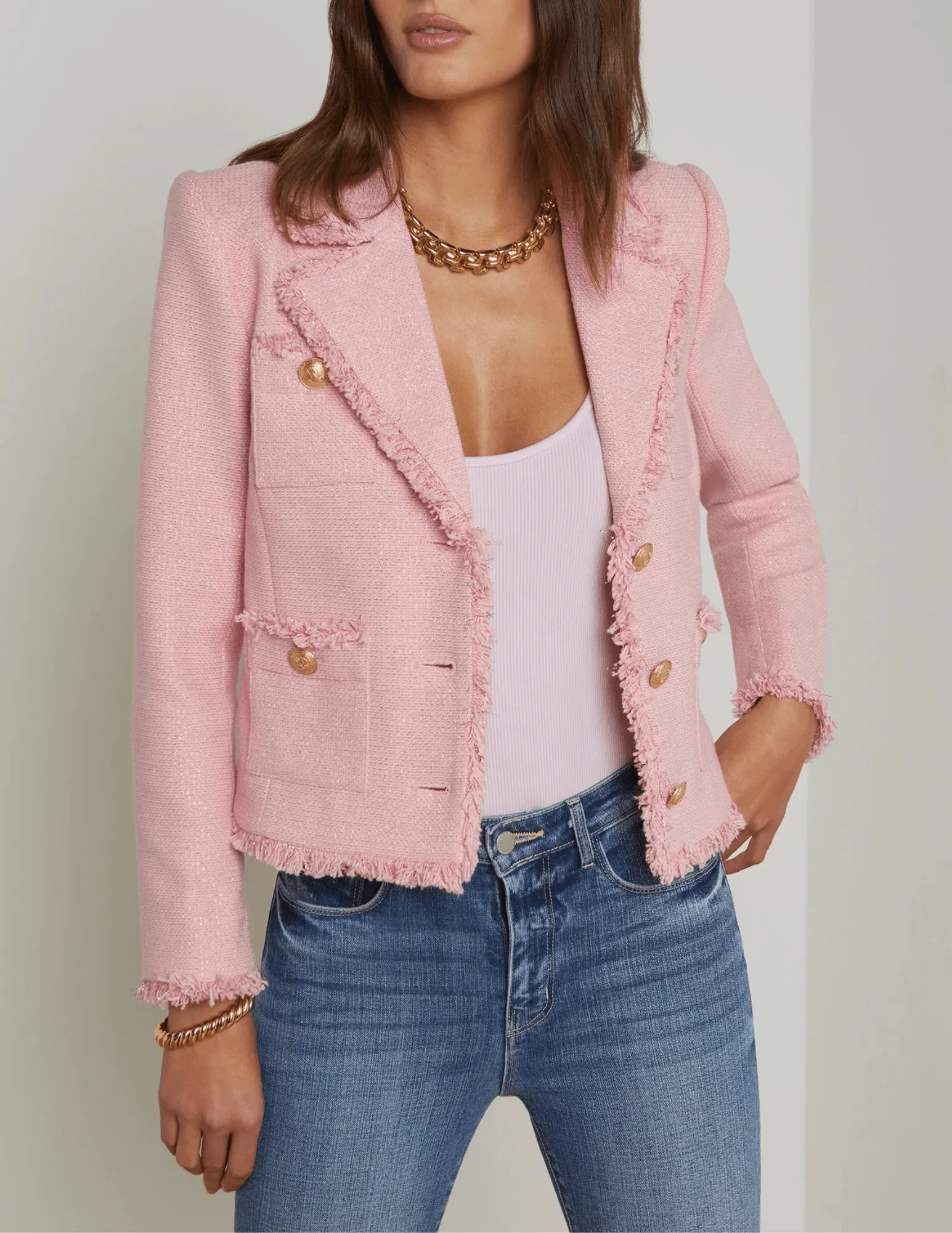 L'Agence Sylvia Collared Fringe Hem Jacket