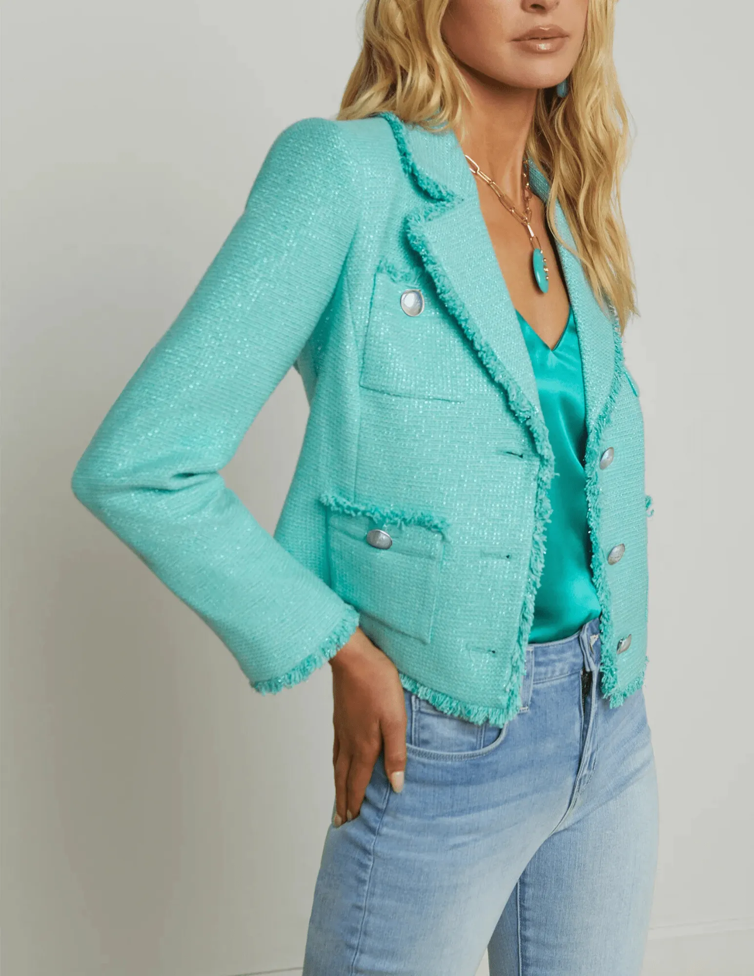L'Agence Sylvia Collared Fringe Hem Jacket