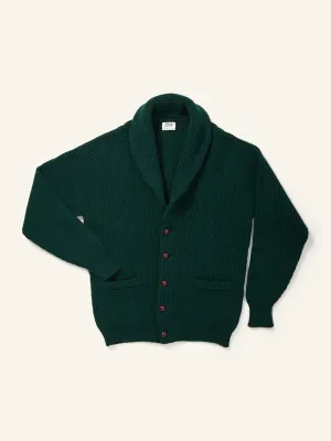 Lambswool Shawl Collar Cardigan Tartan Green