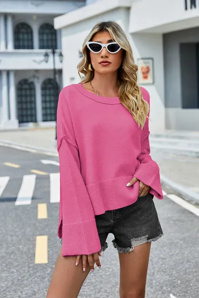 Liam High-Low Slit Round Neck Long Sleeve Sweater