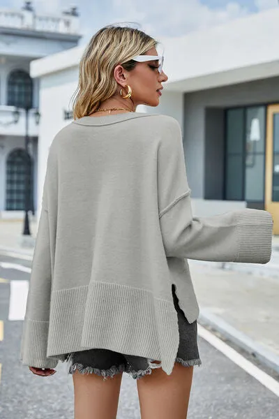 Liam High-Low Slit Round Neck Long Sleeve Sweater