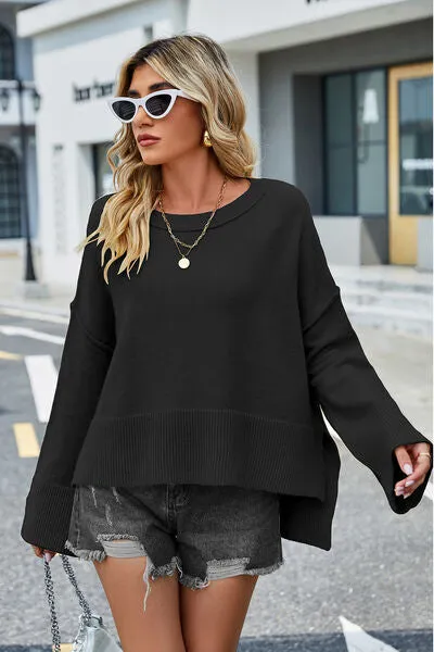Liam High-Low Slit Round Neck Long Sleeve Sweater