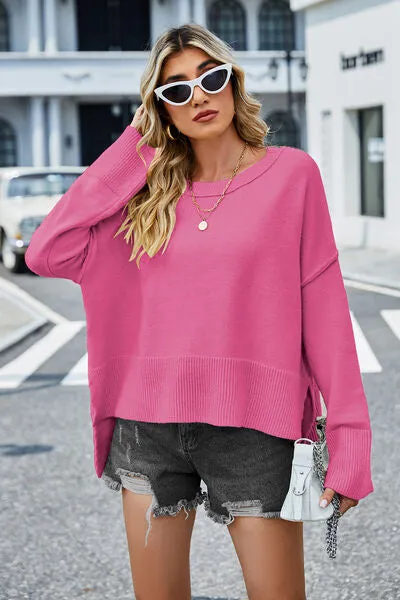 Liam High-Low Slit Round Neck Long Sleeve Sweater