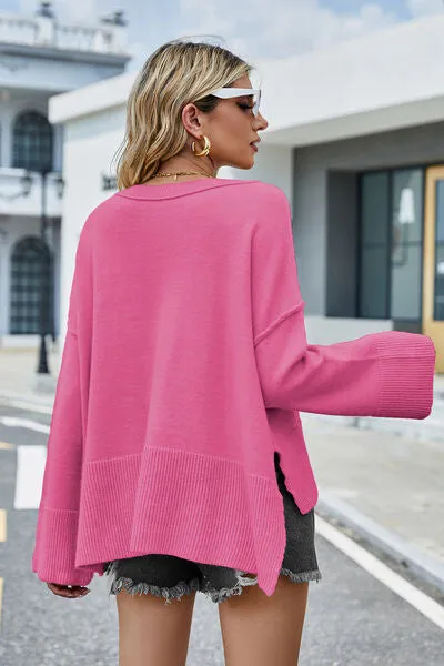 Liam High-Low Slit Round Neck Long Sleeve Sweater