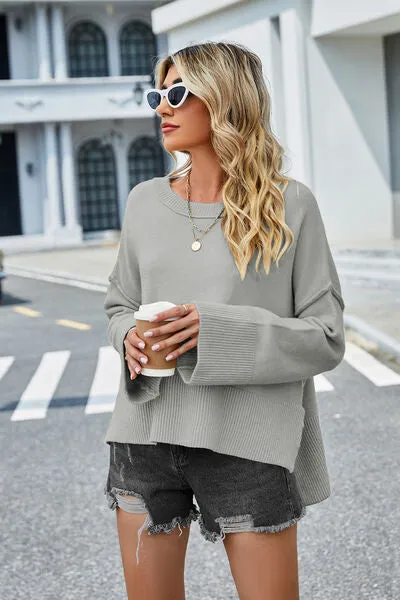 Liam High-Low Slit Round Neck Long Sleeve Sweater