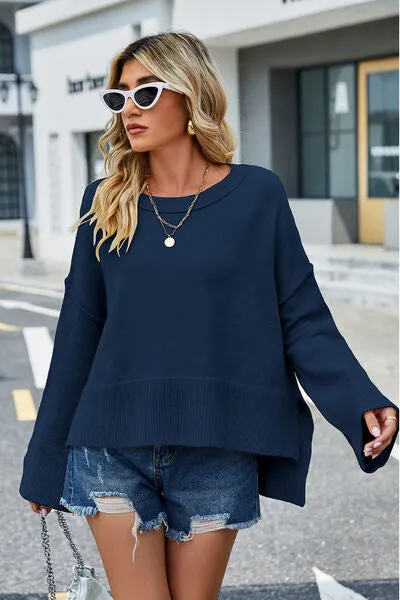 Liam High-Low Slit Round Neck Long Sleeve Sweater