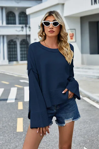 Liam High-Low Slit Round Neck Long Sleeve Sweater